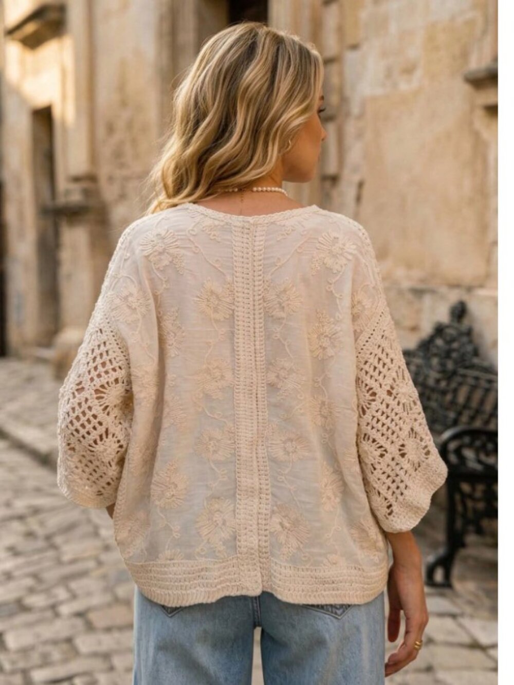 Boho Lace Button-Down Top – Cream Crochet Detail | Effortless Chic - Picture 2 of 2